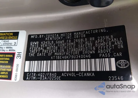2009 Toyota Camry z USA, uszkodzony, nr VIN 4T1BE46K79U340046